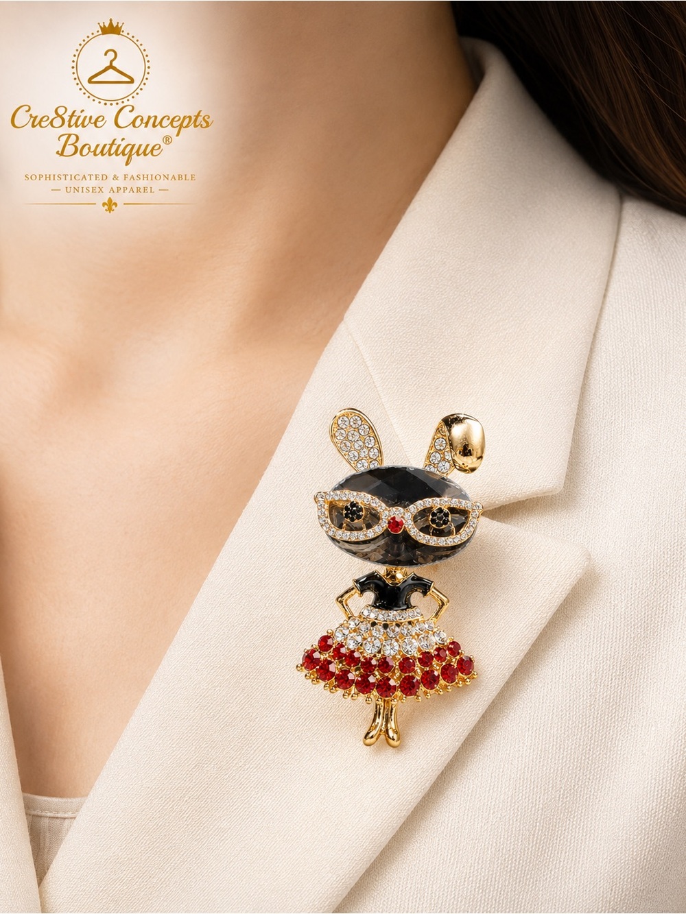 Crystal Fashion Bunny Brooch | Rhinestone Designer Inspired Statement Pin - Picture 8 of 12